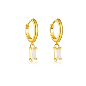 Golden S925 sterling silver hoop earrings with rectangular white zircon pendants