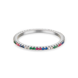Elegant S925 sterling silver eternity ring featuring multi-color rainbow zircon gemstones