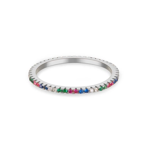S925 sterling silver rainbow zircon ring featuring multi-color stones in a minimalist band