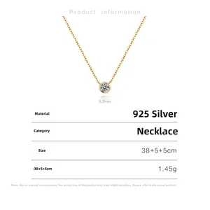 Detail showing a 5.2mm round zircon pendant on a gold S925 silver chain with size specs