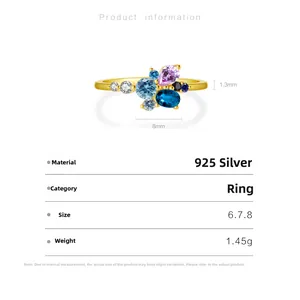 Detalle del anillo de plata S925 con gemas coloridas y especificaciones técnicas