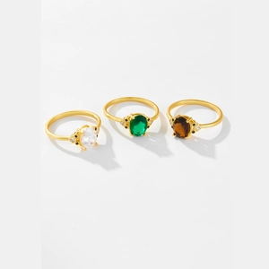 Ensemble de 3 bagues en argent S925 avec pierres ovales blanches vertes et brunes