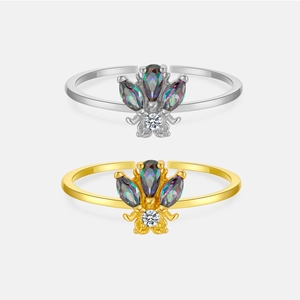 Bague Ouverte Réglable en Argent Sterling 925 Pierre Irisée Marquise Zirconium Forme de Couronne Bijou Elégant Cadeau Femme