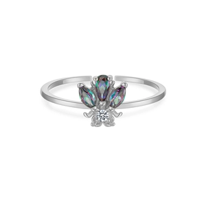 Bague ouverte en argent S925 avec pierres marquise colorées et zircon motif abeille