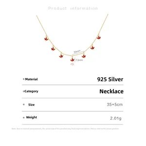 Detailed spec sheet for S925 silver maple leaf necklace with 35+5cm length specs