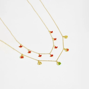 S925 silver bee necklace with olive green and red enamel pendants on golden chain