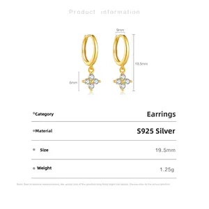 Detailed dimensions of gold S925 silver earrings with four-leaf clover zircon pendant
