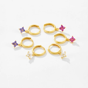 Three pairs of gold-plated S925 silver huggie earrings with colorful floral stone charms