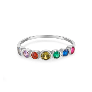 Anillo arcoíris de plata S925 con siete circonitas redondas de colores vibrantes