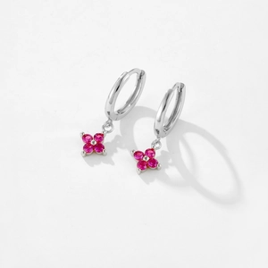 S925 sterling silver hoop earrings with four-petal rose pink stone floral charms
