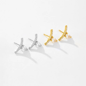 Pendientes S925 plata luna forma pera en plata y oro con piedras de gota transparentes