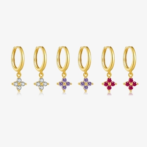 925 Sterling Silver Flower Drop Earrings For Women Zirconia 18K Gold Plated Four-Leaf Clover Hoop Dangle Earrings Jewelry