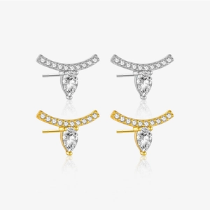 Pendientes de Botón de Plata de Ley 925 con Zirconia en Forma de Pera Chapados en Oro de 18K Fila Curva para Mujer Joyería Elegante