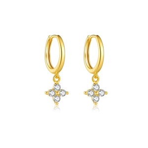 S925 silver gold-plated hoop earrings with four-stone clover cubic zirconia drop pendants