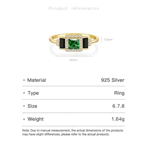 925 sterling silver ring featuring green square zircon and black accents on white background