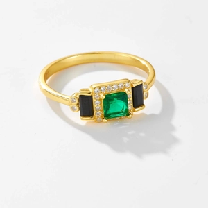 S925 sterling silver gold plated ring with emerald cut green stone and black side gems