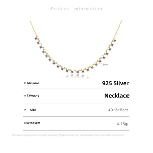 Detailed S925 sterling silver necklace specs with purple round gemstones and chain length