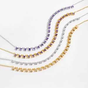 S925 sterling silver tennis necklace featuring white and purple square stones in gold and silver