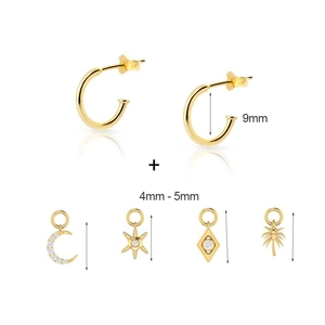 Macro detail of 925 sterling silver moon and star charms with dimensions for DIY earrings