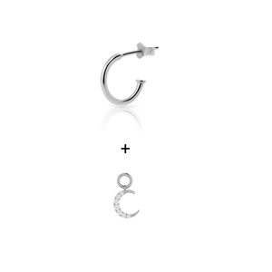S925 sterling silver hoop earrings with detachable zircon moon pendant on white background