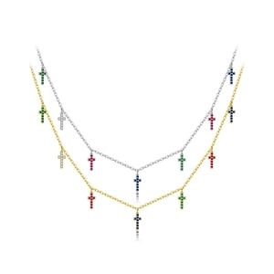 Colliers en argent sterling S925 avec pendentifs croix en zircons colorés, or et argent