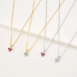 S925 sterling silver necklaces with three-stone flower pendants in ruby and blue