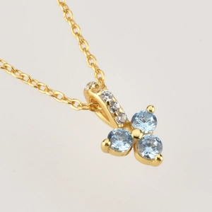 S925 sterling silver gold plated necklace with three blue gemstones in flower shape