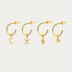 Set of four gold S925 silver hoop earrings with moon, star, and palm tree charms