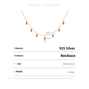 Detailansicht der S925 Silber Goldkette mit roten Chili Anhängern und Abmessungen
