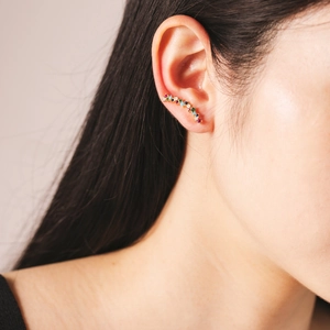 S925 silver climber earrings with colorful gemstones worn on the earlobe model