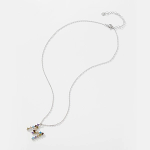 Detail of S925 silver necklace featuring colorful zircon crystals and lobster clasp