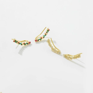 Detail view of S925 sterling silver ear climbers with colorful and white zircon stones