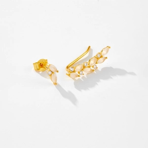 Asymmetric S925 silver gold floral leaf earrings with white opal and cubic zirconia