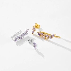 Elegant S925 sterling silver leaf earrings with purple marquise zircon flower accents
