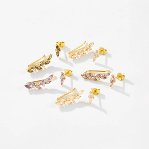 Detail of s925 gold-plated leaf crawler earrings featuring multi-color marquise zircons