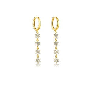 Elegante S925 sterling zilveren vergulde oorringen met vier hangende zirkoon bloemen