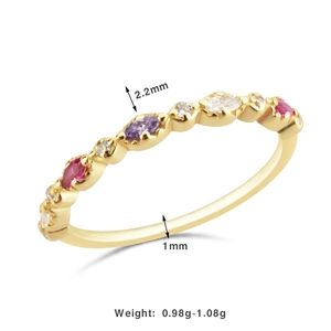 Detail view of gold S925 silver ring with 1mm band and 2.2mm colorful zircons