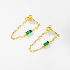 Pendientes de cadena en plata S925 con piedras preciosas rectangulares verde esmeralda