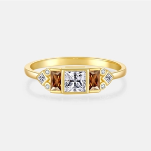 Anillo Vintage de Plata de Ley 925 con Zirconia Blanca Cuadrada Chapado en Oro de 18K Anillo Geométrico Piedra Ámbar Joyería Mujer
