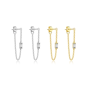 Pendientes de cadena de plata S925 con circón rectangular en tonos dorado y plateado