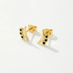 Elegant S925 sterling silver crescent stud earrings with three black round stones