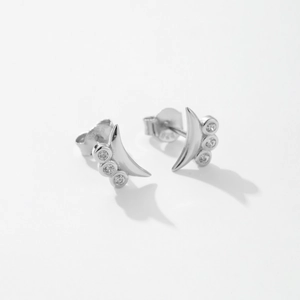 Elegant S925 sterling silver crescent moon stud earrings with three round zircon stones