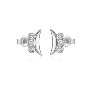 Minimalist S925 sterling silver crescent stud earrings with three round cubic zirconia stones
