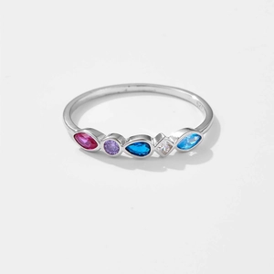 S925 sterling silver ring with five colorful zircons in various shapes on white background