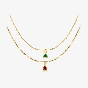 Collier double rang en argent S925 doré avec pendentifs triangle en pierres précieuses