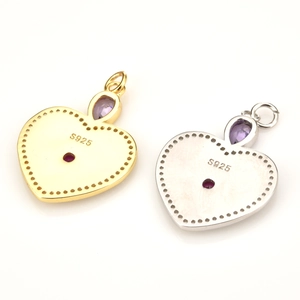 Colgante de corazón en plata S925 con gema gota violeta y acabado en oro o plata