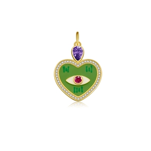Colgante de corazón dorado con ojo turco de esmalte verde y gemas de colores
