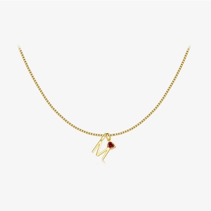 Chaîne en argent S925 doré avec pendentif lettre M et pierre précieuse en forme de cœur