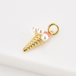 S925 silver ice cream cone pendant with white pearls and orange enamel details