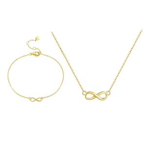 Polished S925 sterling silver infinity symbol necklace and bracelet set in gold finish